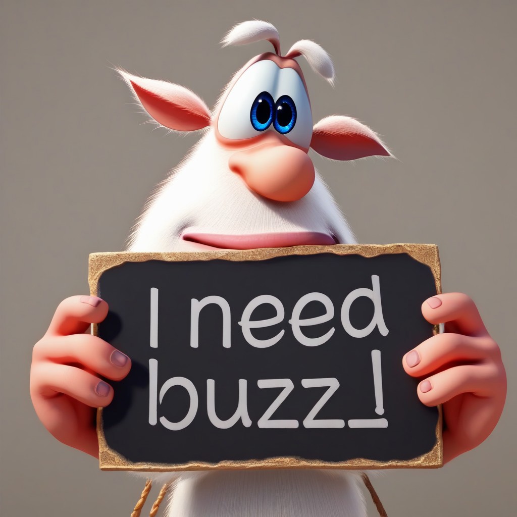 source_cartoon (Booba , 1boy,Blue Eyes , antenna and a tail,3D Style ,four fingers (on his hands) ,three toes (on his feet) ,bulbous nose) need_buzz, holding sign negative_hand