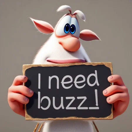 source_cartoon (Booba , 1boy,Blue Eyes , antenna and a tail,3D Style ,four fingers (on his hands) ,three toes (on his feet) ,bulbous nose) need_buzz, holding sign negative_hand