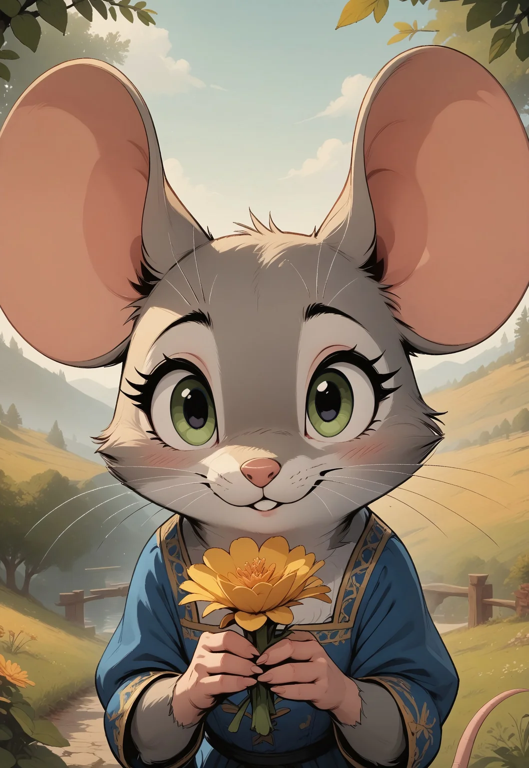 score_9, score_8_up, score_7_up, score_6_up, score_5_up, score_4_up, m0use_maximilla, (yellow fur, blue eyes), fluffy cheeks
[][][][][]
((red:1.5) dress))
[][][][][]
(solo), outdoors, nature, flowers, holding flowers, (head shot, head focus, close up), (cute:2), ((large eyes)), look at viewer, (open mouth:0.4), blush, mouse tail,