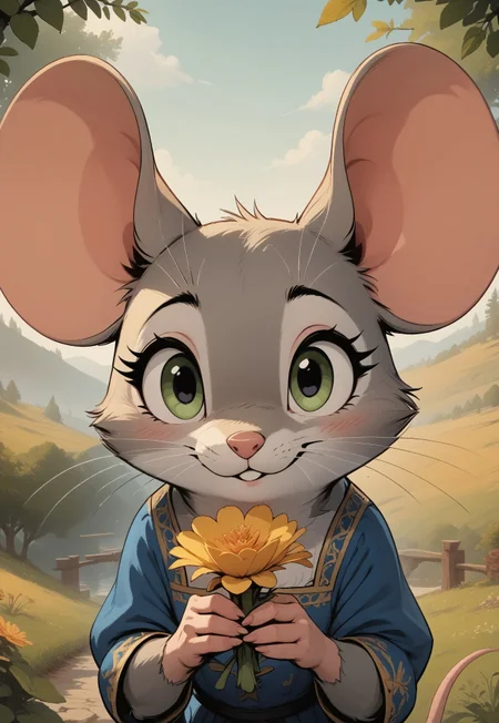 score_9, score_8_up, score_7_up, score_6_up, score_5_up, score_4_up, m0use_maximilla, (yellow fur, blue eyes), fluffy cheeks
[][][][][]
((red:1.5) dress))
[][][][][]
(solo), outdoors, nature, flowers, holding flowers, (head shot, head focus, close up), (cute:2), ((large eyes)), look at viewer, (open mouth:0.4), blush, mouse tail,