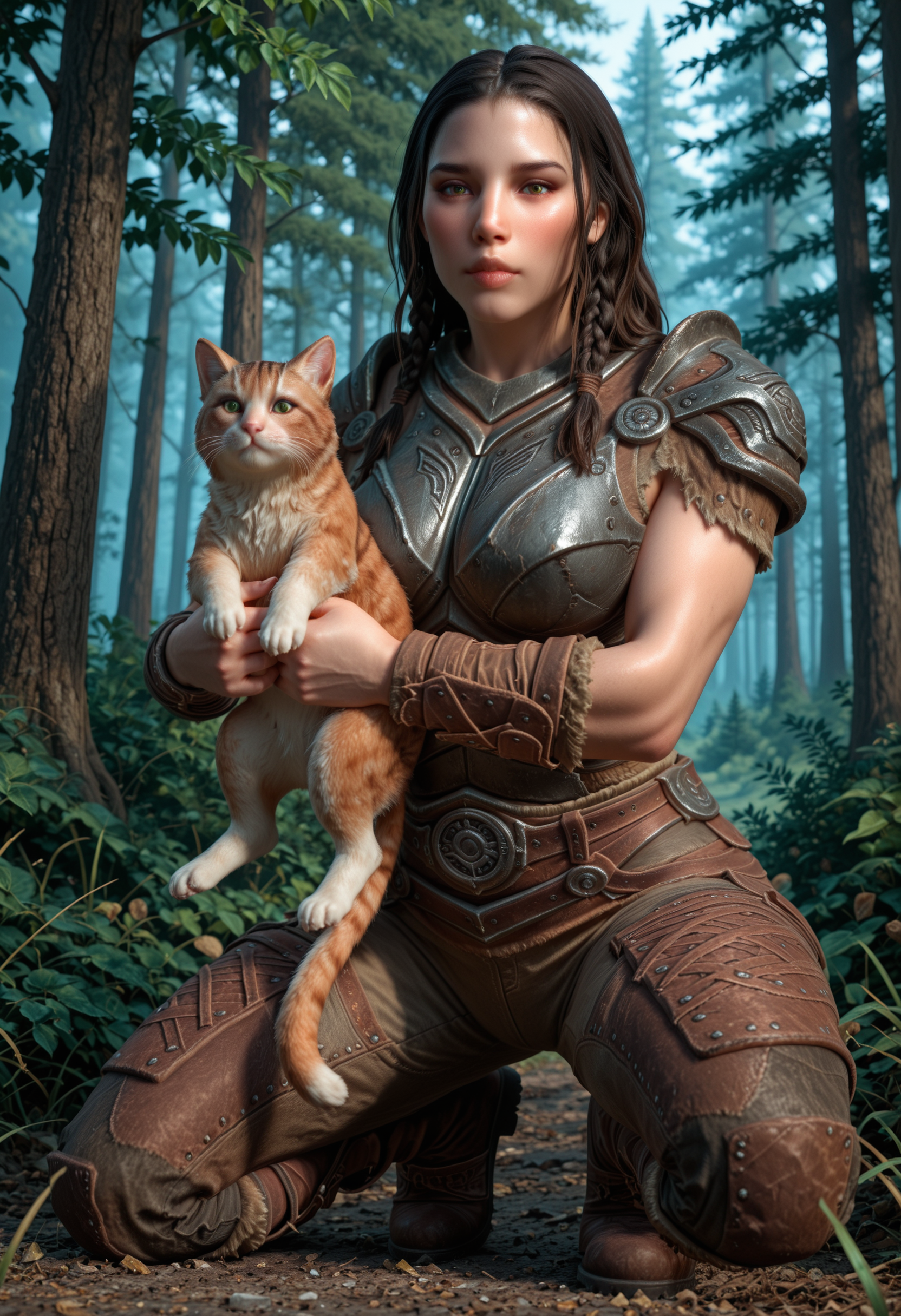 best quality, masterpiece, absurdres, newest, cartoon, looking at viewer, (official style:1.1),
 <lora:skyrim-lydia-rt:0.8> 1girl, xlydiax, the elder scrolls v: skyrim, solo, black hair, armor, long hair, lips, brown hair, breastplate, shoulder armor, pauldrons, looking at viewer, realistic, belt, big hips, big bust, cowboy shot,  boots, full body, front hair braids, muscular, hugging a cat, crouching down, holding a cat,
Nature, outdoors, forest scenery, mountains in distance,
 <lora:aidmaFLuxPro1.1_v0.3_IL:0.6> aidmafluxpro1.1 
<lora:spo_sdxl_10ep_4k-data_lora_webui:1>
