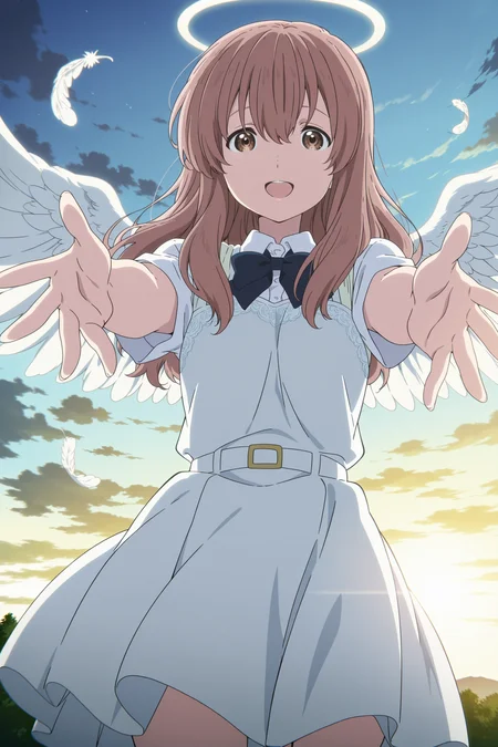 anime screencap, anime coloring, detailed face, perfect fingers, masterpiece, best quality, very aesthetic, absurdres, volumetric lighting,
outside, in the sky, clouds, beams of light
<lora:Shoko_Nishimiya_A_Silent_VoiceKoe_no_Katachi:1>
Shouko school uniform, Shouko Nishimiya (character), 1girl, brown hair, solo, brown eyes, long hair, fancy white lace dress, cute smile, looking at the viewer, reaching out a single hand to the viewer, :D, happy girl, angel, white angel wing feathers, low angle