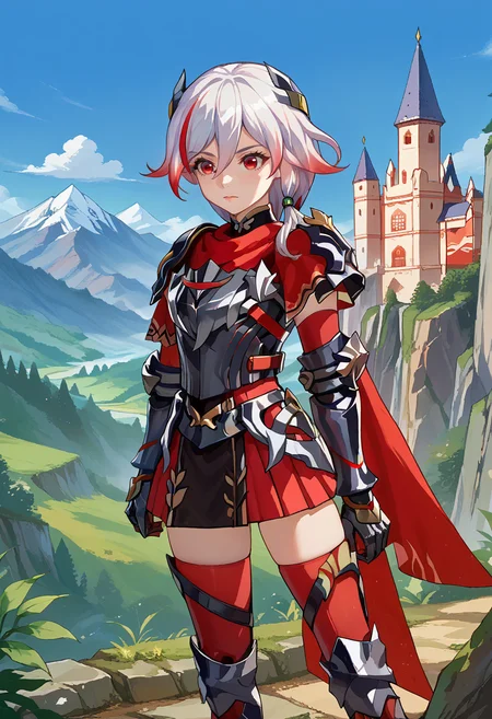 score_9, score_8_up, source_anime, HuaSwAFi, red eyes, white hair, red streak, low ponytail, hair ornament, black armor, red cape, black gauntlets, red skirt, red thighhighs, black armored boots, outdoors, mountains, castle, <lora:ChamFuHuaPonyXL:1>