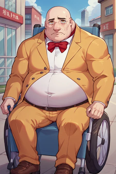 score_9, score_8_up, score_7_up, score_6_up, source_anime, BREAK male focus, solo <lora:p5kobayakawa-pdxl-nvwls-v1-000005:1> p5principal, fat man, obese, bald, yellow jacket, formal, white shirt, red bow tie, belt, yellow pants, <lora:Wheelchair_XLPD:1> wheelchair, sitting, crying, sad, city