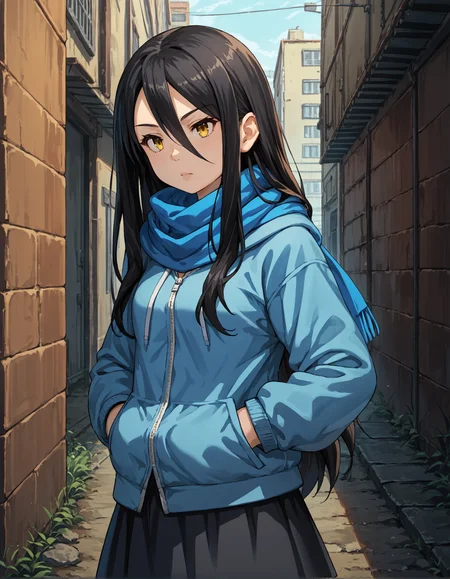 score_9, score_8_up, source_anime, 1girl, upper body, medium shot, detailed, pmmmrizhawkwood, black hair, long hair, yellow eyes, blue hoodie, scarf, hands in pockets, outdoors, alley, black skirt, (side view:0.6), <lora:pmmmrizhawkwood_XL:0.9>