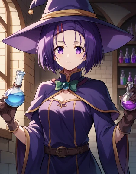 score_9, score_8_up, score_7_up, source_anime, <lora:haruna-sairenji-darkness-ponyxl-lora-nochekaiser:1>, haruna sairenji, hair ornament, hairclip, purple eyes, purple hair, short hair, swept bangs, forehead, medium breasts, <lora:wizard-ponyxl-lora-nochekaiser:1>, wizard, wizard hat, robe, dress, long sleeves, gloves,, indoors, bricks, potion, flask, vial,, cowboy shot,