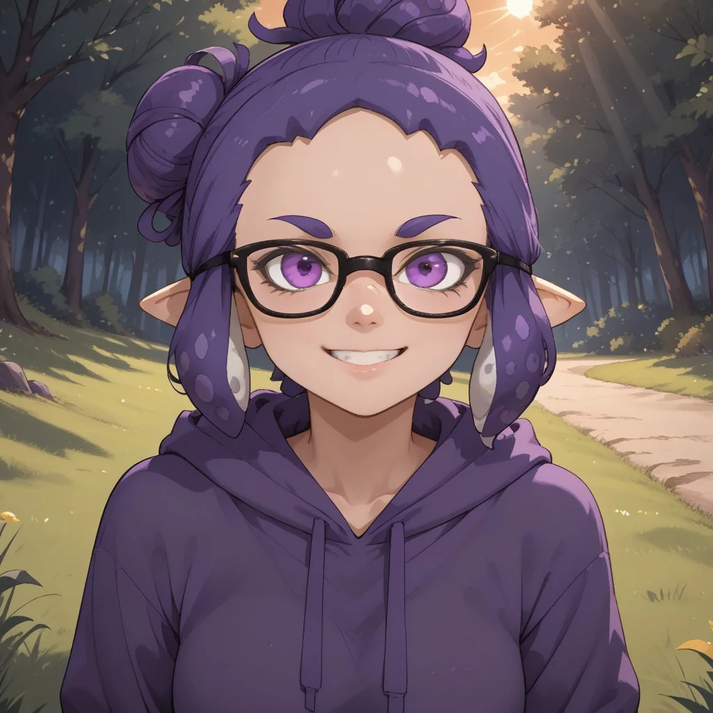 score_9, score_8, BREAK, solo, splatoon, inkling, female inkling, 1girl, tentacle hair, purple hair, single hair bun, purple eyes, glasses, cute, purple eyebrows, purple hoodie, purple jeans, purple shoes, breasts, Jeanette_Romero_(\OC_Inkling\), sexy pose, self portrait, smile, outdoors, sunlight, shadows, evening lighting, natural lighting, forest, trees, grass, orange sky, sunset