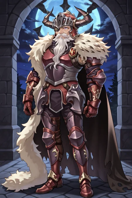 <lora:BaldusIL:0.8> , BldsDef, 1boy, one-eyed, purple eyes, white hair, beard, facial hair, mustache, eyepatch, horns, helmet, horned helmet, fake horns, armor, greaves, gauntlets, fur pauldrons, fur shawl, black cape, cape, torn cape, old, old man, (face, close-up, portrait), night, exterior, solo, masterpiece, very aesthetic, absurdres, best quality, amazing quality, high resolution, detailed background,  <lora:illustrious_quality_modifiers_masterpieces_v1:0.8> , <lora:ChamIllustriousBackgroundEnhancer:0.5>