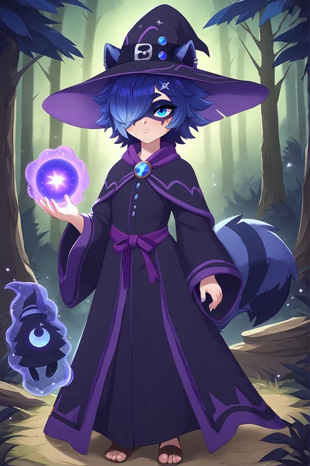 score_9,
<lora:snuffy_v1_pruned:0.9>, snuffydecay, hair over one eye,
witch hat, robe, magic,
outdoors, forest,
high resolution, Masterpiece