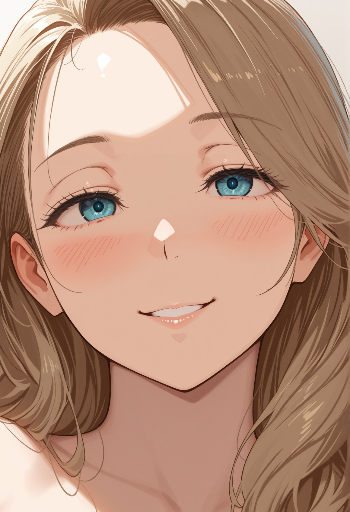 masterpiece, best quality, amazing quality, mature female, portrait, smiling, blush, blue eyes, iris lines