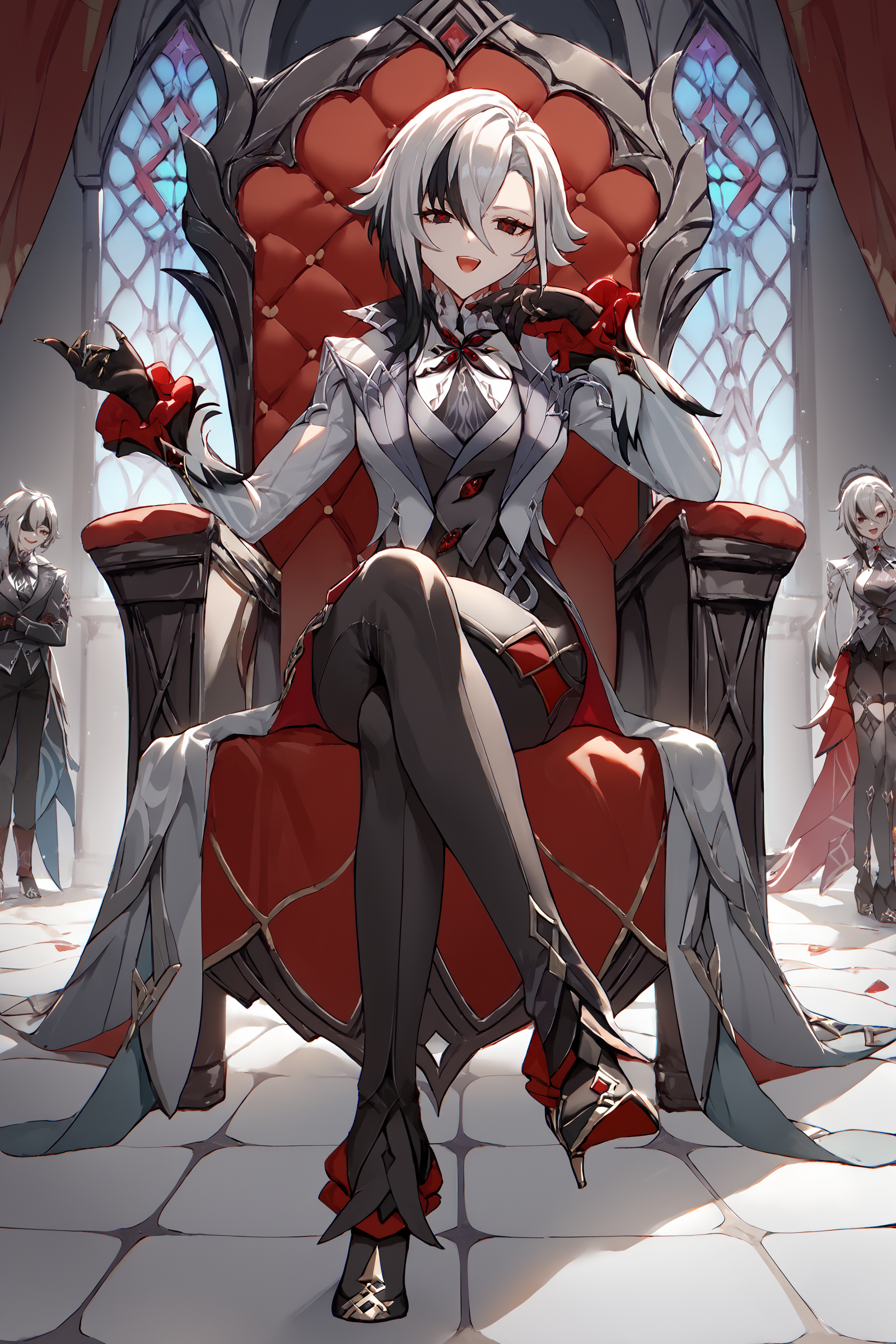 score_9, score_8_up, score_7_up, source_anime , 1girl, arlecchino \(genshin impact\), black gloves, grey tailcoat, black pants, grey vest, grey shirt, high heels, looking at viewer, sitting, smug, open mouth, ojou-sama pose, crossed legs, throne, indoors  <lora:style-pottsness:0.7>  <lora:Char-Genshin-Arlecchino-Pony-V1:0.9>