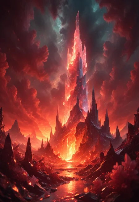 (8k landscape photography:1.2) an massive shiny crystal glass tower in an ethereal hell landscape surrounded by glowing flower crystals, a red sky,cloudy sky