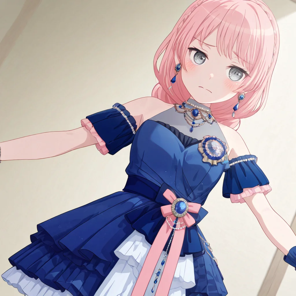 flat chest, blue dress, necklace, grey eyes, pink hair, blush, bangs, detached sleeves, gem, blue gemstone, earrings, bead necklace, anon2