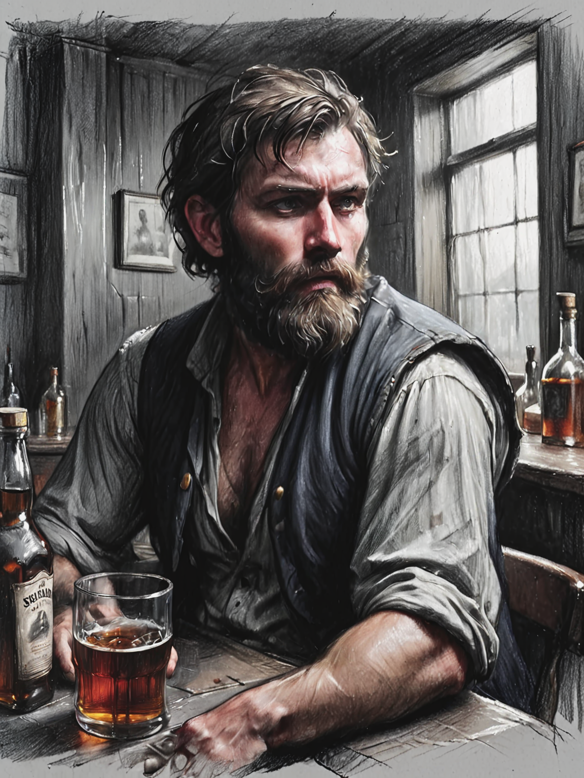 a portrait of a seaman with a rugged, thick beard, capturing a slightly befuddled expression, he is sitting at the table next to him there is a bottle of whiskey, focus is on his facial expressions and the subtle details like the texture of his beard and the glint in his eyes, cozy, slate gray atmosphere, soft cinematic light,   <lora:Renaissance_Drawing:0.8>
