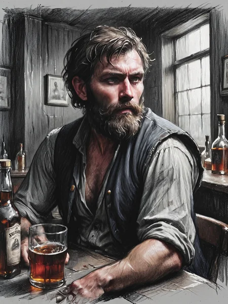 a portrait of a seaman with a rugged, thick beard, capturing a slightly befuddled expression, he is sitting at the table next to him there is a bottle of whiskey, focus is on his facial expressions and the subtle details like the texture of his beard and the glint in his eyes, cozy, slate gray atmosphere, soft cinematic light,   <lora:Renaissance_Drawing:0.8>