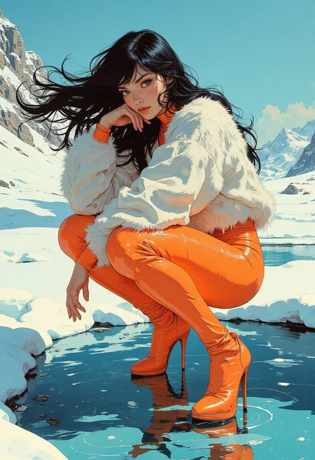 high angle, half profile picture of a model confidently squatting besides a pond in a snow landscape. her head supported by her hands. her skin is pale and her long, black, side swept, hair dances in the wind. she wears an orange, tight, minimalist, latex bodysuit, covering her full body, meshing with her high heels and highlighting her toned body. her fur boa, puffy and voluminous, hanging down her shoulders, flowing in the wind. near her a small pond with azure water, crystal clear and transparent, seemingly melting with the azure sky. the landscape lacks vegetation or rocks, consists of gentle harmonic snow hills. the image is very luminous and bright. the lighting soft and even, ethereal at times, highlighting clothing, skin and the soft snow shades. the image is an breathtaking blend of mysteriousness and fashion.
