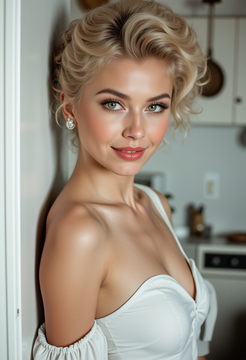 Hyperrealism. she is looking the camera, (dynamic angles), headshots of a beautiful, stunning unique female character. her eyes  filled with joy and excitement, extravagant eyelashes,She has blonde hair. She is wearing a white off-the-shoulder blouse with ruffled sleeves and white shorts, and busty breast.she is standing in a 1950's themed kitchen, she is making dinner, is posing for the camera with a smile on her face. white frilly shirt, white shorts,  simple white background. making this image a masterpiece of photography and digital art. Style: realistic hyper-detailed rendering, 32k UHD, expressive eyes, punk, graphic design, girl's face, pretty and cute, gleaming lips, white skin, telling a tale of adventure. Exuding confidence and serenity.  The overall mood of the image is happy and relaxed.RAW candid cinema,16mm,color graded portra 400 film,remarkable color,ultra realistic,textured skin,remarkable detailed pupils,realistic dull skin noise,visible skin detail,skin fuzz,dry skin,shot with cinematic camera,detailed skin texture,(blush:0.2),(goosebumps:0.3),subsurface scattering,beautiful photograph in the style of Augustus John,Sergio Toppi,Virginia Frances Sterrett,8k HD,detailed skin texture,ultra realistic,textured skin,analog raw photo,cinematic grain,whimsical,detailed hand, perfect hand.