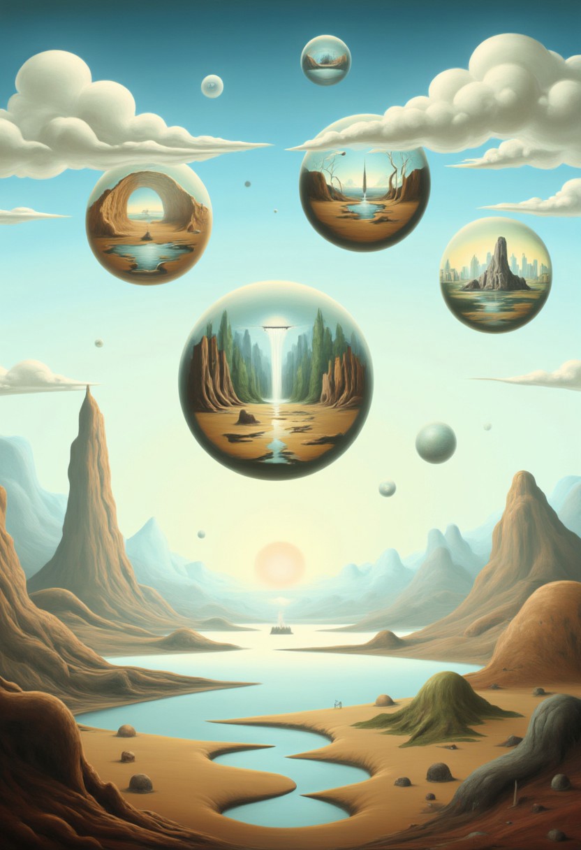 A Surr3@l, landscape with floating orbs in the sky, each orb containing a different miniature landscape inside. The main landscape is an ethereal, dreamlike space with soft, pastel-colored clouds, shimmering mist, and distant mountains with unusual formations. The floating orbs reflect a variety of environments, including a lush forest, a desert with swirling sands, a futuristic cityscape, and an underwater scene. The overall atmosphere feels otherworldly and mystical, with delicate lighting casting long, soft shadows across the scene.