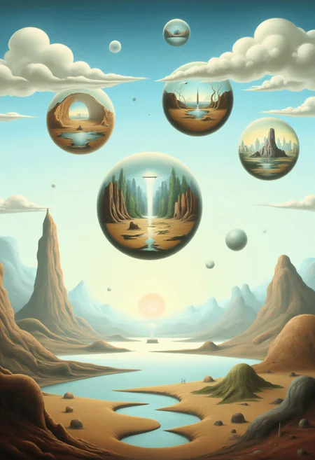 A Surr3@l, landscape with floating orbs in the sky, each orb containing a different miniature landscape inside. The main landscape is an ethereal, dreamlike space with soft, pastel-colored clouds, shimmering mist, and distant mountains with unusual formations. The floating orbs reflect a variety of environments, including a lush forest, a desert with swirling sands, a futuristic cityscape, and an underwater scene. The overall atmosphere feels otherworldly and mystical, with delicate lighting casting long, soft shadows across the scene.