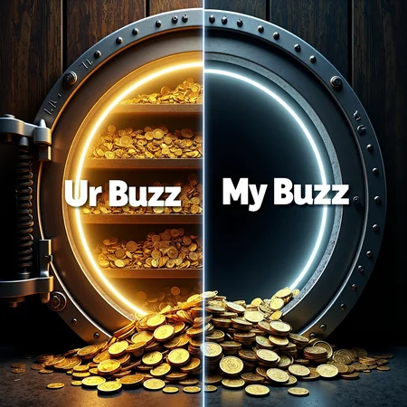 Hyper-realistic photo split vertically into two distinct images, One half is a view of a bank vault with shelves to infinity full of gold coins, is bright, colourful and with the text overlay "Ur Buzz". The other half is empty, dark and grotty, with the text overlay "My Buzz".   <lora:Dever_Flux_Enhancer:0.5>