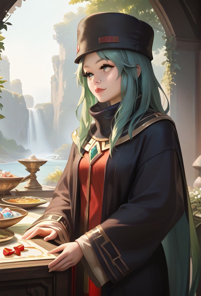 enderman-chan, enderman hat, black hat, year2024, year2023, year2022, The bright green of the candy is a representation of the Viking's obsession with the shallows, worn down cyan fractals, vector art by Finlay Virgil, a obsolete photo of a Mosque of Córdoba taken by Mignola Mike, UHD, photorealistic, 1girl, solo, colourful, score_9, score_8_up, score_7_up, masterpiece, best quality, very aesthetic