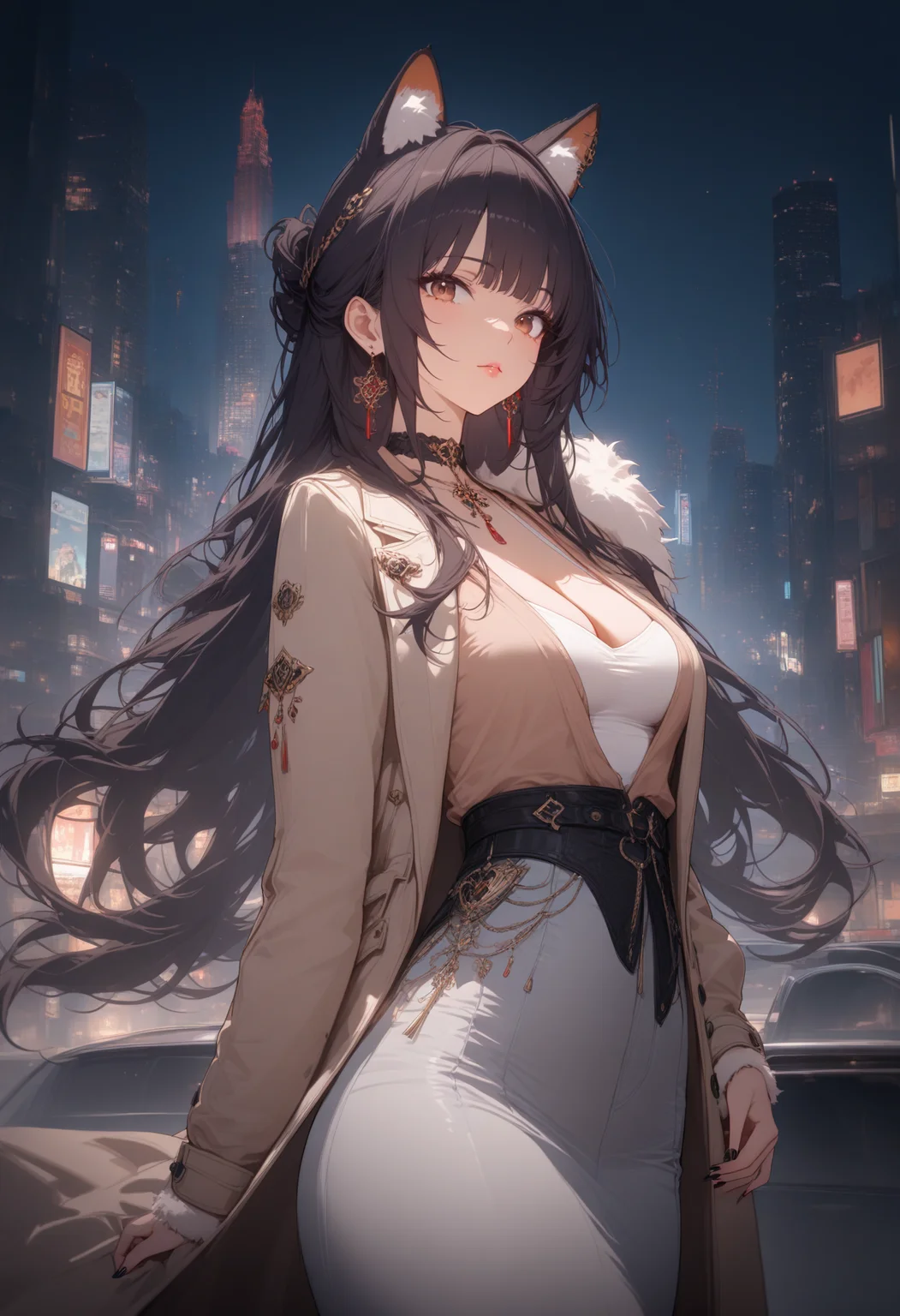 1girl,  1girl,animal ears,breasts,brown eyes,building,choker,city,cleavage,coat,cowboy shot,earrings,fur trim,jacket,jewelry,lips,long hair,medium breasts,nail polish,skirt,solo,black,a character portrait,private press,. ,masterpiece,high score,great score,absurdres,, <lora:Waifu Style-Du Qiong:0.25>,Du Qiong,, <lora:Dark Concept Art-000005:0.0>,dark aura,dark,