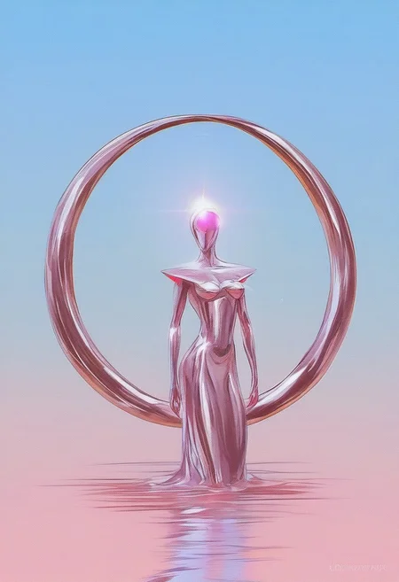 In this hyper-detailed Chromecore art piece, a vibrant scene captures a woman kneeling in a seated position on a flawlessly reflective mirror floor. She wears the iconic Sailor Moon outfit, the bright, saturated colors of the uniform contrasting vividly against her body, which is covered in a metal skin texture featuring an iridescent, glossy sheen from the neck down. Her skin exhibits a gradient of vibrant hues, showcasing a colorful array that shines brilliantly against a simple dark and blue background, amplifying her presence with bright, vibrant colors.
Her posture is calm and composed, her head tilted backward in a graceful arch, eyes gently closed as if in a deep meditative state, exuding a serious expression that emphasizes a sense of peace and serenity. The minimalist surroundings enhance the impact of her chromatic figure, with dark pillars rising like monoliths, framing the scene and contributing to the dark vibes and dark fantasy atmosphere.
These towering structures add a serious tone, contrasting with her expressionless but colorful form. The mirror-like floor reflects every detail of the scene, including the luminous quality of her chromatic skin and the intricate folds of her outfit, amplifying the ethereal beauty of the moment. This visual harmony between the luminous figure and the minimalist, shadowy environment merges the dreamy aesthetic with stark contrasts, embodying the essence of Chromecore. animaport