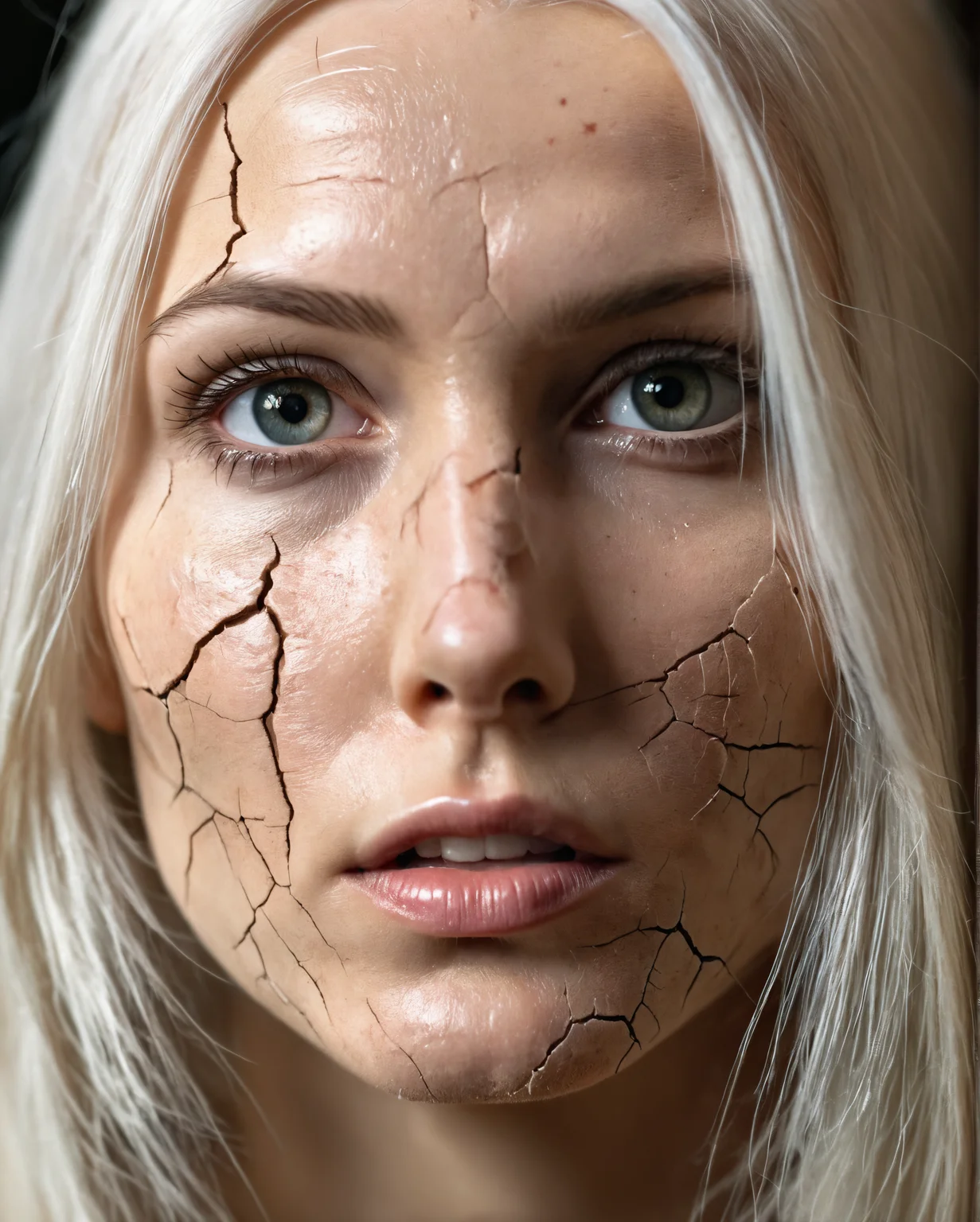 cinematic photography, portrait of a (beautiful woman with cracked skin:1.1), deep fine cracks, soft focus, half body editorial shot, depth of field, uncanny, long white hair, stunning perfect shining eyes, pale skin, intricitaly hyperdetailed, amazing depth, expansive details, complex masterwork by head of prompt engineering