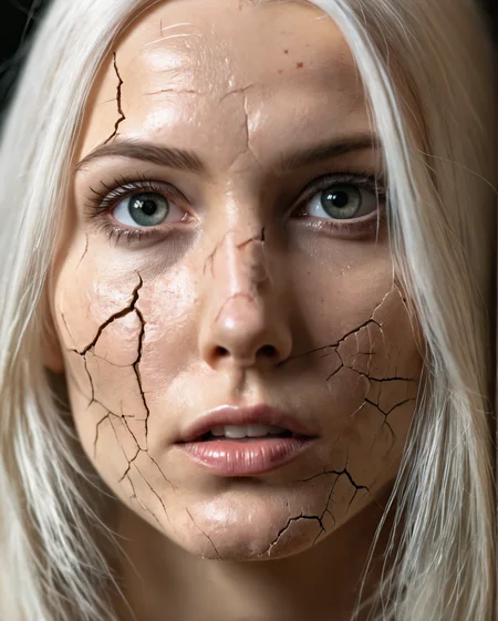 cinematic photography, portrait of a (beautiful woman with cracked skin:1.1), deep fine cracks, soft focus, half body editorial shot, depth of field, uncanny, long white hair, stunning perfect shining eyes, pale skin, intricitaly hyperdetailed, amazing depth, expansive details, complex masterwork by head of prompt engineering