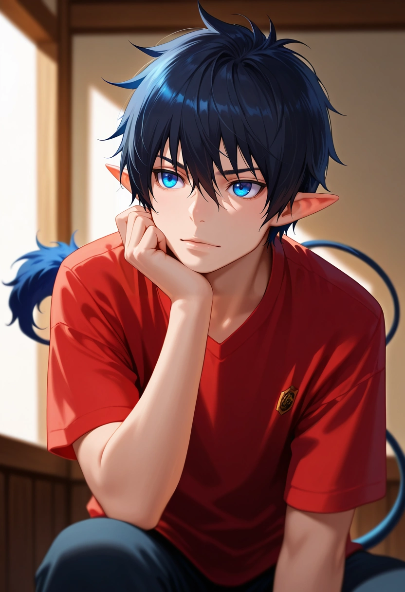 masterpiece, best quality, , semi-realistic, , depth of field, 1boy, solo, male focus, <lora:rin_okumura_ilxl:0.9>, rin_okumura, black hair, blue eyes, short hair, hair between eyes, pointy ears, tail, , , ,
