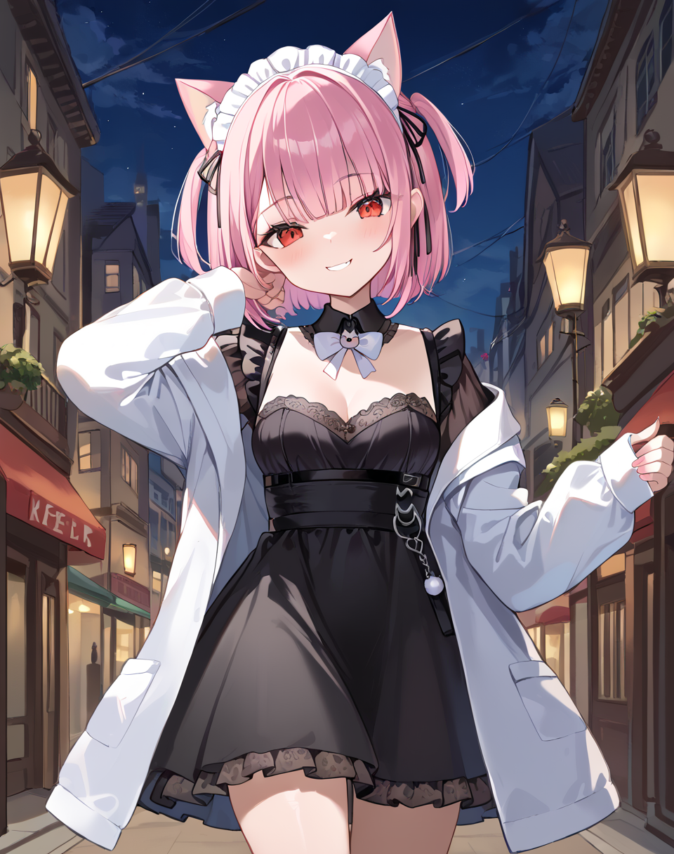 mikeneko, mikeneko_neko_short, pink hair, short hair, red eyes, virtual youtuber,  two side up, cat ears,  long sleeves, mikeshort clothes, detached collar, black dress, white coat, open coat, maid headdress  BREAK outdoors,city street, night BREAK sexy pose, looking at viewer, sexy face, sexy smile, cowboy shot, dynamic pose, BREAK score_9, score_8_up, score_7_up, source_anime ,zPDXL, perfect hand,<lora:Mikeneko:0.8>
