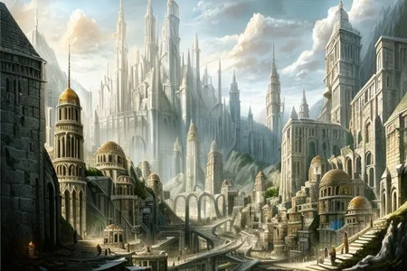 (masterpiece:1.2), (best quality,:1.2), 8k, HDR, ultra detailed, ((photorealistic)), professional light, cinematic lighting, fashion photography, ambient lighting, atmospheric effects, DarkFantasy, Numenor, a street with stairs in a big medieval fantasy city on a mountain, high towers, high walls, <lora:Numenor-10:1>, in the style of Middle Earth, Tolkien, Minas Tirith, epiCPhoto
