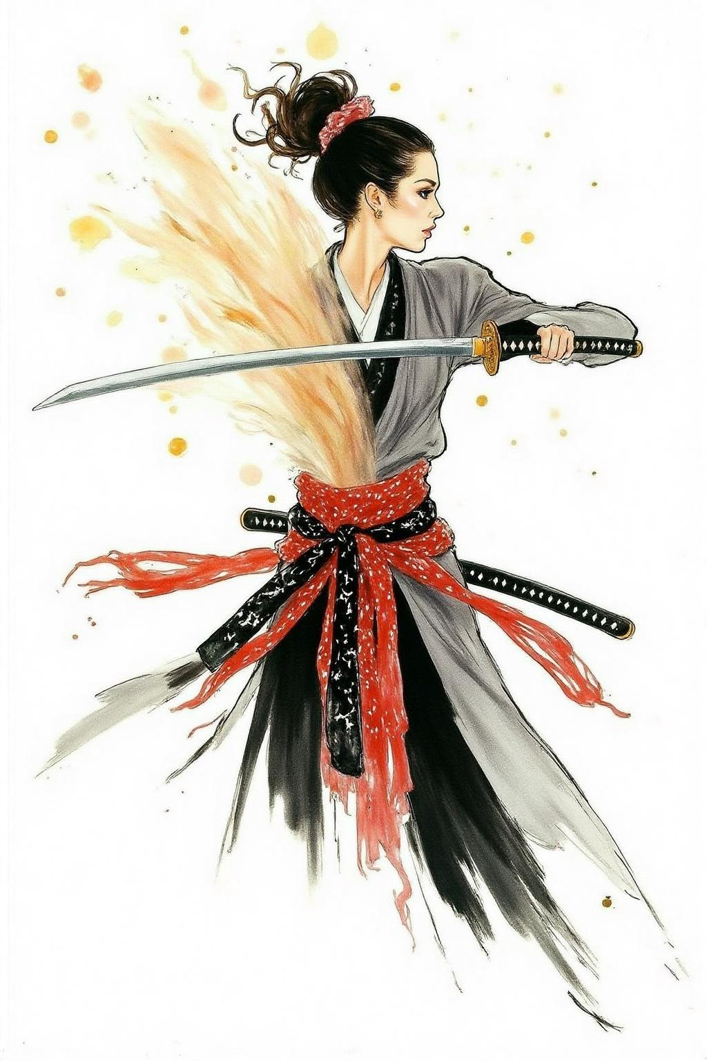 regr1 sketch of a female Japanese samurai warrior wielding a katana, blending form with reality. Glitching the surreal with blurred dreams on a white background. Woven light fuses delicatly with whispering shimmers creating a eyecatching and masterpiece artwork. drifting fog, cracked light and smokey haze in floating threads finishes the dreamlike reality. The background is stark white  <lora:regr1_fashion_nocap_d6a3:1.0><lora:807350996054544382:0>