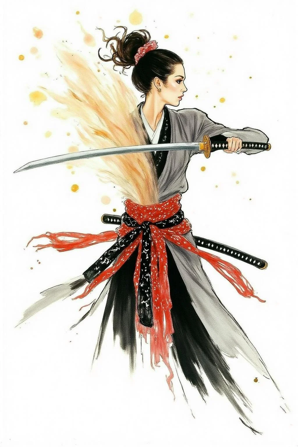 regr1 sketch of a female Japanese samurai warrior wielding a katana, blending form with reality. Glitching the surreal with blurred dreams on a white background. Woven light fuses delicatly with whispering shimmers creating a eyecatching and masterpiece artwork. drifting fog, cracked light and smokey haze in floating threads finishes the dreamlike reality. The background is stark white <lora:regr1_fashion_nocap_d6a3:1.0><lora:807350996054544382:0>