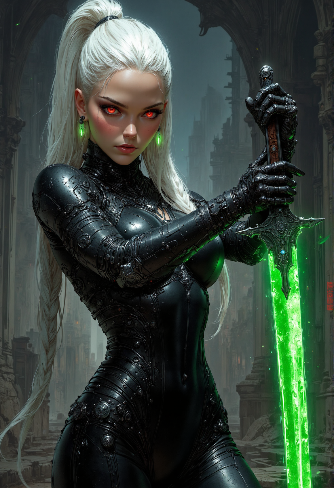 cybernetic style fantasy style, , 1girl, young, high braided  ponytail , platinum hair,  grim dark futuristic assassin, seductive, black skin tight bodysuit, slim  body, small waist, gloves, leather elbow gloves, jewelry ,(solo), pale skin, curvy body, freckles, athletic body, , , slim waist,, untouched beauty, clear, lively, detailed face, upper body accent, dark makeup, goddess,, seductive look,gothic  Victorian influence
dynamic action pose
she is swinging a sword at the viewer  with a green blade
her eyes are augmented and cybernetic glowing red eyes that pierce through the darkness
background of a darkened futuristic  palace
<lora:CPA:0.6>low-key lighting, atmospheric haze, underexposed, cinematic darkness, deep shadows . futuristic, technological, cybernetic enhancements, <lora:artisketchyfs-v02:0.5> <lora:FluxMythV2:0.7>
