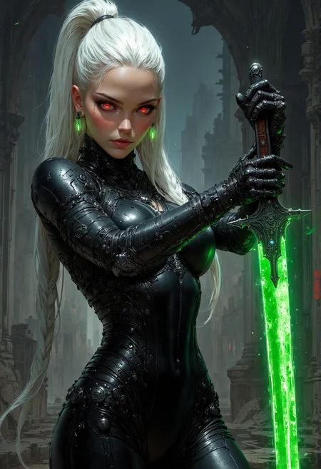 cybernetic style fantasy style, , 1girl, young, high braided ponytail , platinum hair, grim dark futuristic assassin, seductive, black skin tight bodysuit, slim body, small waist, gloves, leather elbow gloves, jewelry ,(solo), pale skin, curvy body, freckles, athletic body, , , slim waist,, untouched beauty, clear, lively, detailed face, upper body accent, dark makeup, goddess,, seductive look,gothic Victorian influence
dynamic action pose
she is swinging a sword at the viewer with a green blade
her eyes are augmented and cybernetic glowing red eyes that pierce through the darkness
background of a darkened futuristic palace
<lora:CPA:0.6>low-key lighting, atmospheric haze, underexposed, cinematic darkness, deep shadows . futuristic, technological, cybernetic enhancements, <lora:artisketchyfs-v02:0.5> <lora:FluxMythV2:0.7>