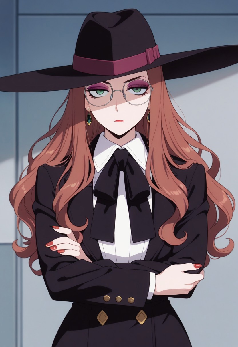 masterpiece,best quality,amazing quality, sylvia sherwood, long hair, reddish-brown hair, green eyes, 1girl, solo, hat, red nails, earrings, jewelry, glasses, black headwear, makeup, crossed arms, jacket, nail polish