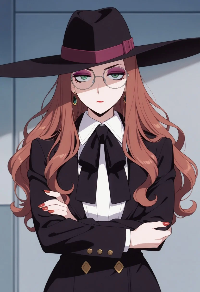 masterpiece,best quality,amazing quality, sylvia sherwood, long hair, reddish-brown hair, green eyes, 1girl, solo, hat, red nails, earrings, jewelry, glasses, black headwear, makeup, crossed arms, jacket, nail polish
