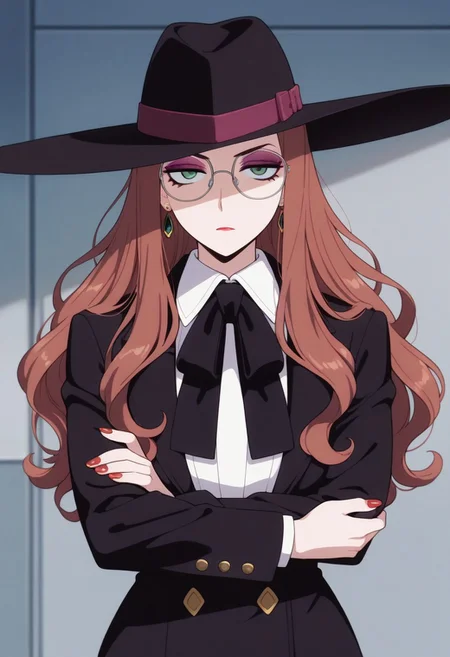 masterpiece,best quality,amazing quality, sylvia sherwood, long hair, reddish-brown hair, green eyes, 1girl, solo, hat, red nails, earrings, jewelry, glasses, black headwear, makeup, crossed arms, jacket, nail polish