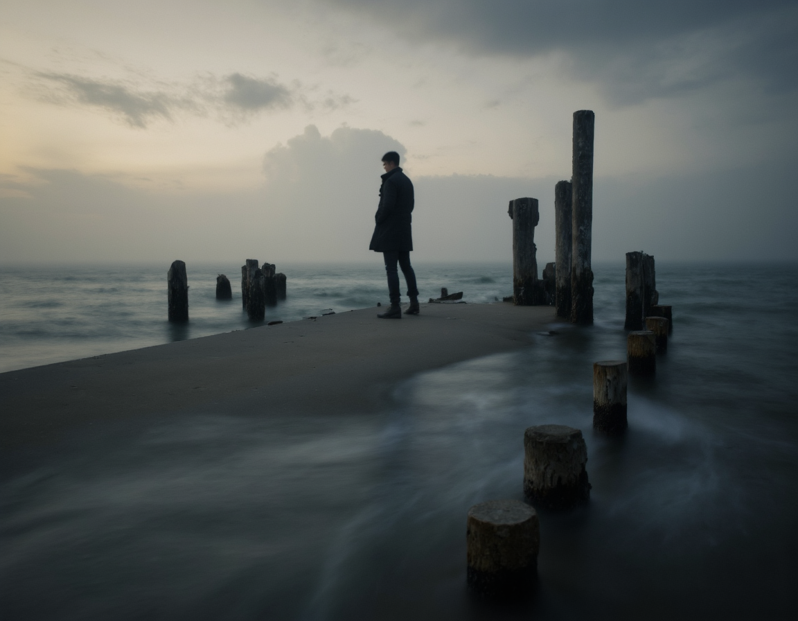 <lora:{blur, }Blur-000018:0.85> blur, 8k long exposure photograph, a solitary figure in a dark trench coat standing on a misty pier, soft ambient light creating a hazy atmosphere, water gently swirling around weathered wood pilings, neutral density filter effect, emphasizing motion blur in the water and clouds, film grain texture, melancholic mood, captured with a full-frame camera, shallow depth of field. . 35mm photograph, film, bokeh, professional, 4k, highly detailed
