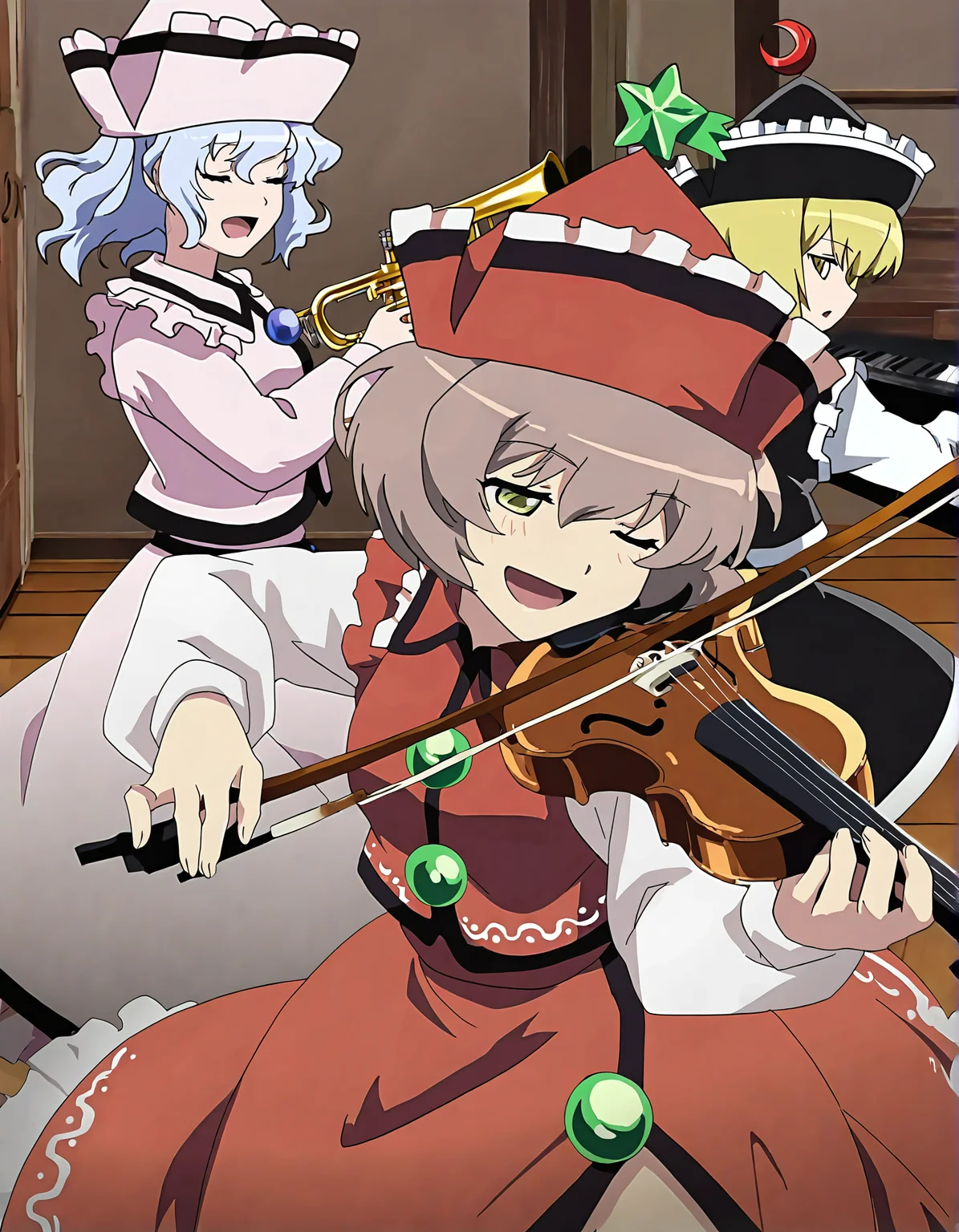 memoriesofphantasm, lyrica prismriver, multiple girls, 3girls, lunasa prismriver, instrument, merlin prismriver, blonde hair, violin, keyboard \(instrument\), hat, brown hair, closed eyes, sisters, siblings, playing instrument, trumpet, general, one eye closed, skirt, short hair, music, vest, smile, blue eyes, open mouth, red headwear, blue hair, wooden floor, long sleeves, black vest, red vest, red skirt, shirt, black skirt, black headwear, crescent, white shirt, green eyes
very awa, masterpiece, best quality, year 2024, newest, highres, absurdres, <lora:memories-of-phantasm-style-noobai-vpred10-logit:1>