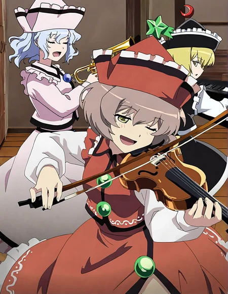 memoriesofphantasm, lyrica prismriver, multiple girls, 3girls, lunasa prismriver, instrument, merlin prismriver, blonde hair, violin, keyboard \(instrument\), hat, brown hair, closed eyes, sisters, siblings, playing instrument, trumpet, general, one eye closed, skirt, short hair, music, vest, smile, blue eyes, open mouth, red headwear, blue hair, wooden floor, long sleeves, black vest, red vest, red skirt, shirt, black skirt, black headwear, crescent, white shirt, green eyes
very awa, masterpiece, best quality, year 2024, newest, highres, absurdres, <lora:memories-of-phantasm-style-noobai-vpred10-logit:1>