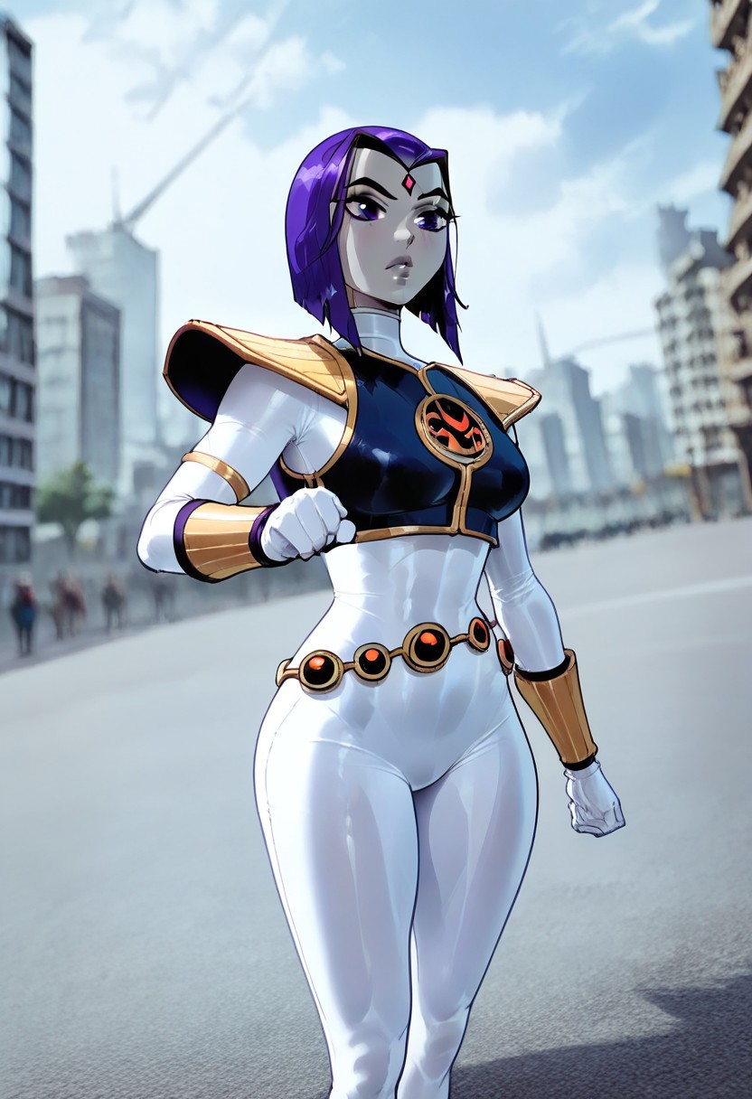 score_9, score_8_up, score_7_up 
   , masterpiece, beautiful, screencap,
1girl, Raven, purple hair, purple eyes, grey skin, forehead jewel,
,1  girl, wide hips, normal breast, standing, battle pose, TigermRanger, Tight suit, whie colored suit, white gloves,gold belt,black colored vest with shoulder-pads, golden vambraces,shiny gold elements,sheath, outdoors, city,