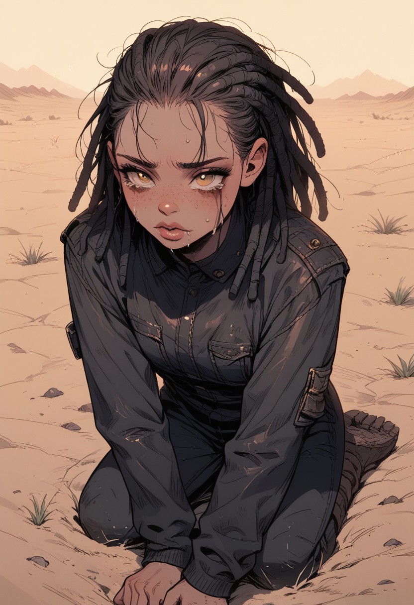 score_9, score_8_up, score_7_up, score_6_up, score_5_up, score_4_up,
best quality, highly detailed, intricate details, extremely detailed, smooth lines,
...
1woman, (messy red dreadlocks),18 years old, heavy back eyeliner, dirty leather jacket, freckles,
kneeling, thick lips, tears in eyes, shy.
...
Desert wasteland, dusty,sinozick style, flat color, dark theme, bukkake, 2 black demon cocks