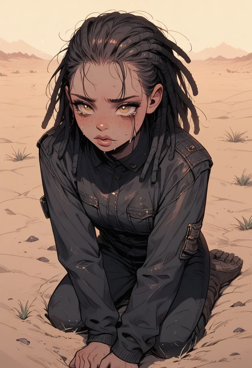 score_9, score_8_up, score_7_up, score_6_up, score_5_up, score_4_up,
best quality, highly detailed, intricate details, extremely detailed, smooth lines,
...
1woman, (messy red dreadlocks),18 years old, heavy back eyeliner, dirty leather jacket, freckles,
kneeling, thick lips, tears in eyes, shy.
...
Desert wasteland, dusty,sinozick style, flat color, dark theme, bukkake, 2 black demon cocks