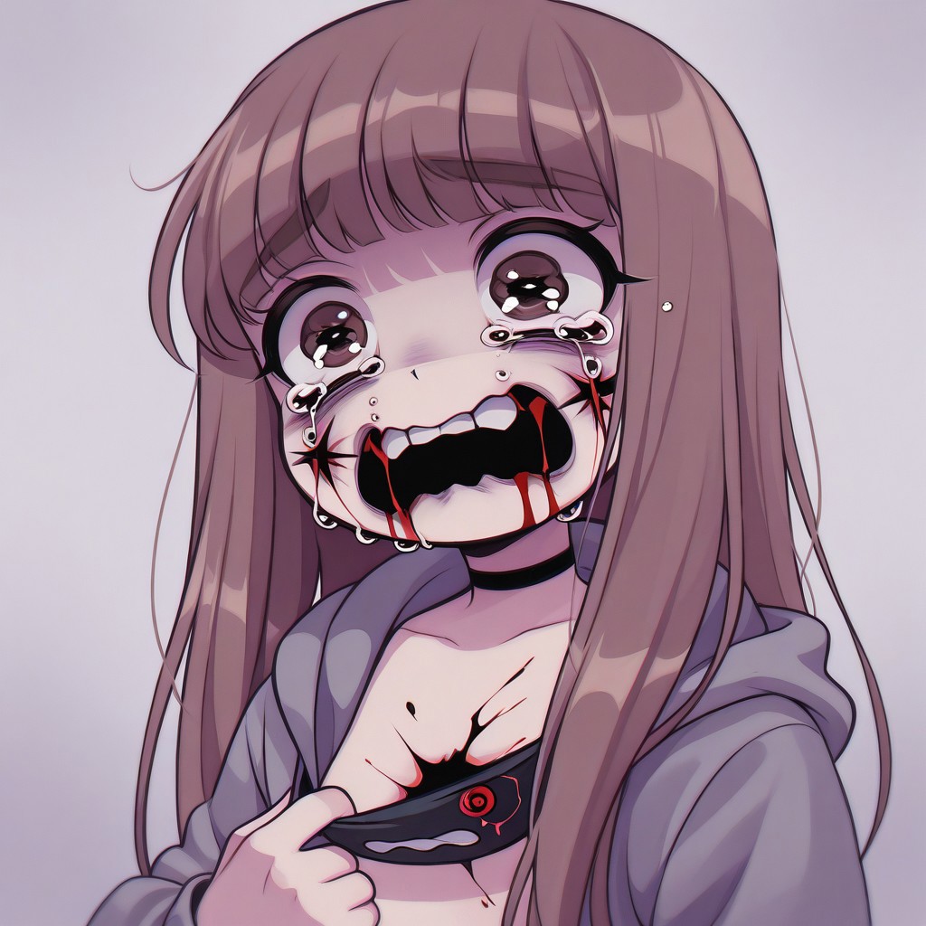 Paula,1girl,Brown hair,choker,bangs, hoodie,Long hair
Half body, Paula removing her mask, revealing her mouth and full face, watery eyes, tears. Broken mouth, bloody mouth, broken teeth, missing teeth, cut cheeks, broken lips, missing lips, gore