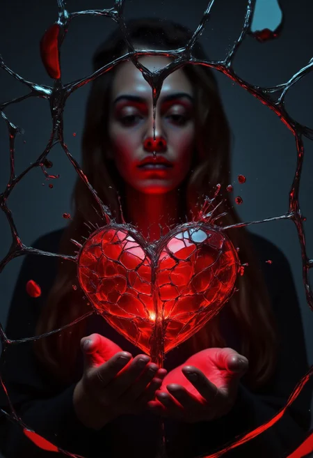 a woman holding a VibrantlySharp style. shattered gem heart in her hands, the heart is ((glowing)) red, while red oil drips through her fingers, she's look down at it forlornly while the bACKGROUND is seen through broken glass