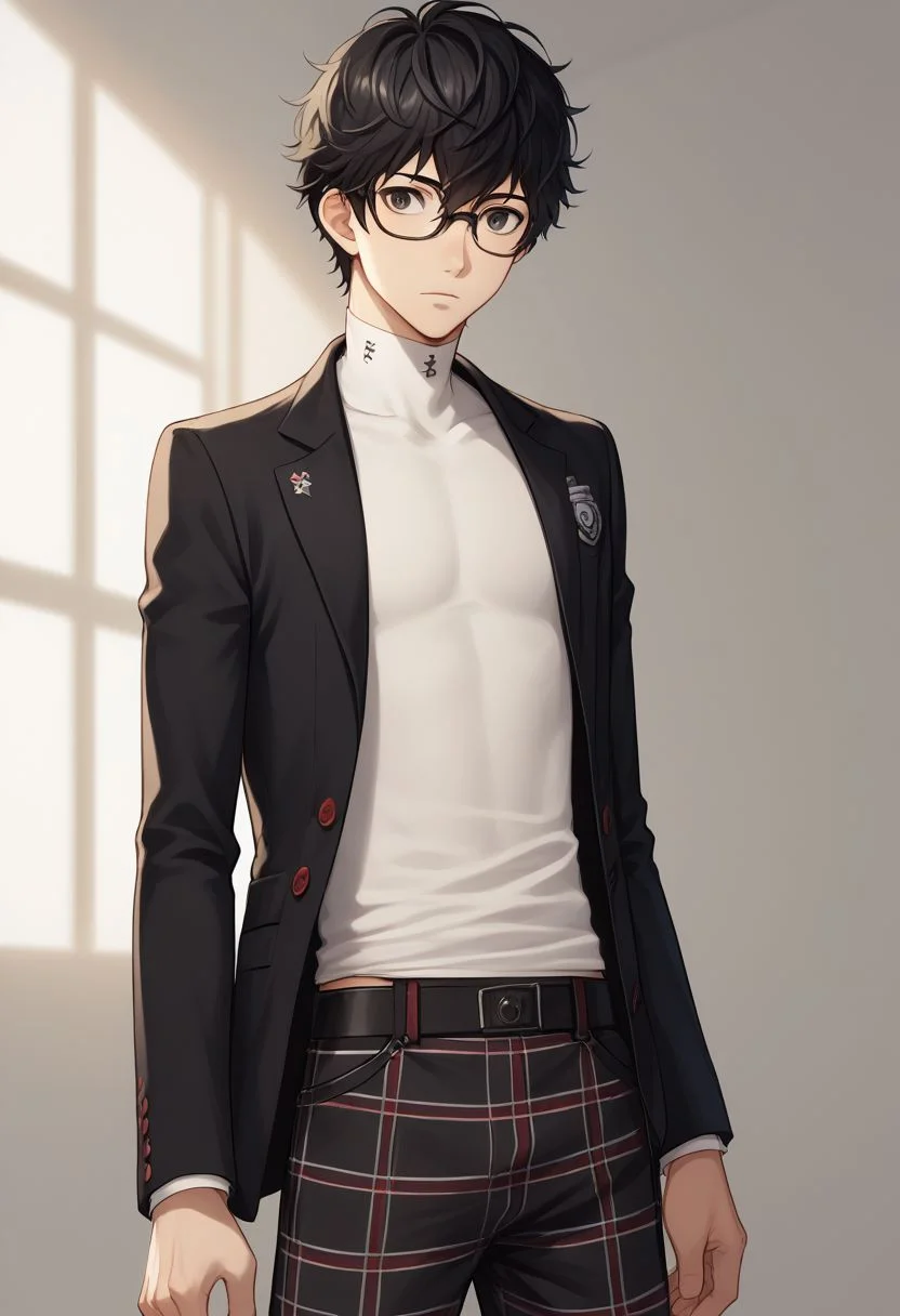 score_9, score_8_up, source_anime, highly detailed, 1boy, solo, male_focus, slender, skinny,
ren, male focus, shuujin academy school uniform, 1boy, school uniform, black hair, solo, eyewear, plaid pants, glasses, pants, jacket, upper body,
indoor,