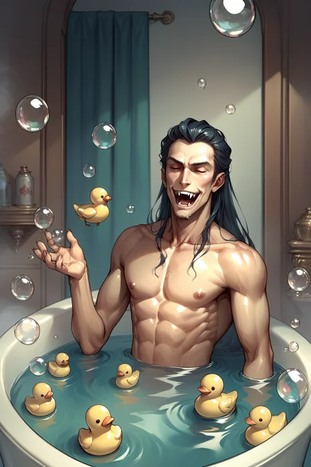 source_anime, score_9, score_8_up, solo, male focus, <lora:clamStrahdPDXL_v12:1> Strahd, vampire, long hair, bath, bubbles, rubber duck, laughing, naked
