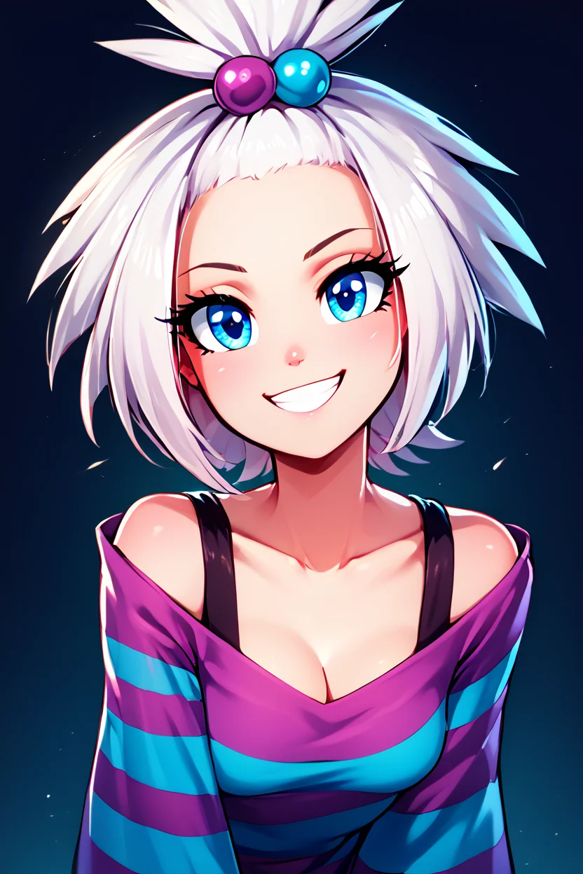 score_9, score_8_up, score_8, medium breasts, (curvy), cute, eyelashes, BREAK, , zzRoxie, blue eyes, white hair, hair bobbles, topknot, striped dress, <lora:Roxie_Pokemon_PDXL_Citron:0.8>, , BREAK, looking at viewer, smile, upper body, leaning forward, head tilt, embedding:zPDXL, Expressiveh, <lora:theButcherXPDXL:1.0>, <lora:CatalystStylePDXL:0.6>, <lora:SDXLFaeTastic2400:0.5>, <lora:Expressive_H-000001:0.4>,